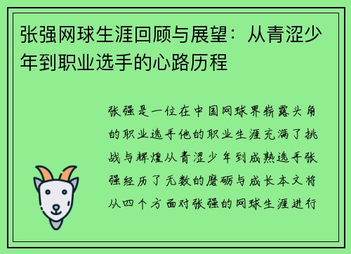 张强网球生涯回顾与展望：从青涩少年到职业选手的心路历程